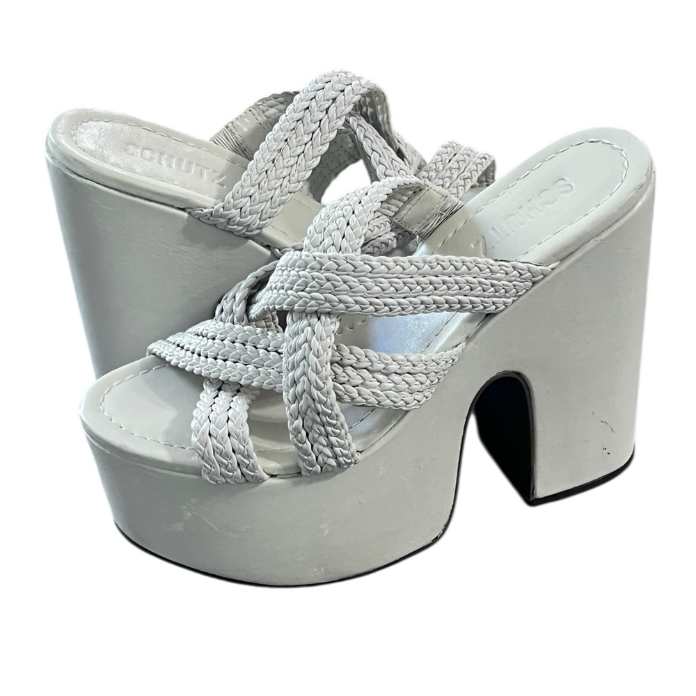 Schutz Aneko Atando Leather Sandals 6 B Stylish White Pearl Platform Heels